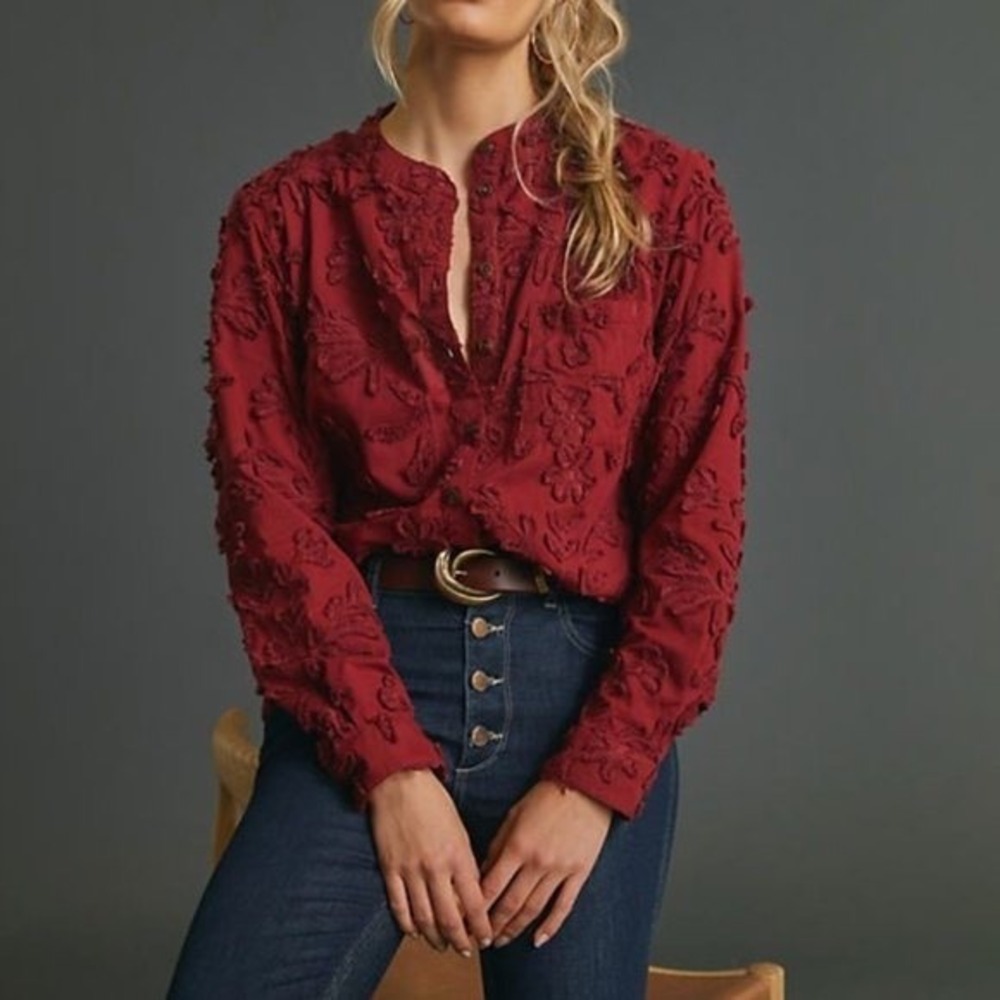 Pilcro Anthropologie‎ The Whitney Textured Trapeze Button Front Blouse Red